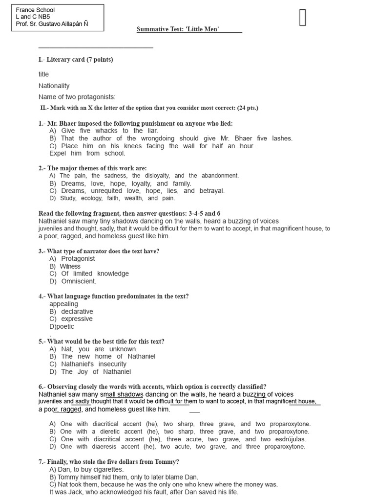 Little Men Summative Test Questions | PDF | Little Men