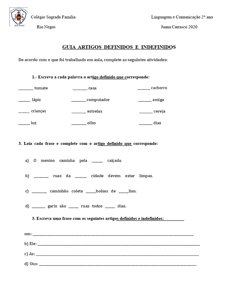 Guia Artigos Definidos e Indefinidos PDF | PDF