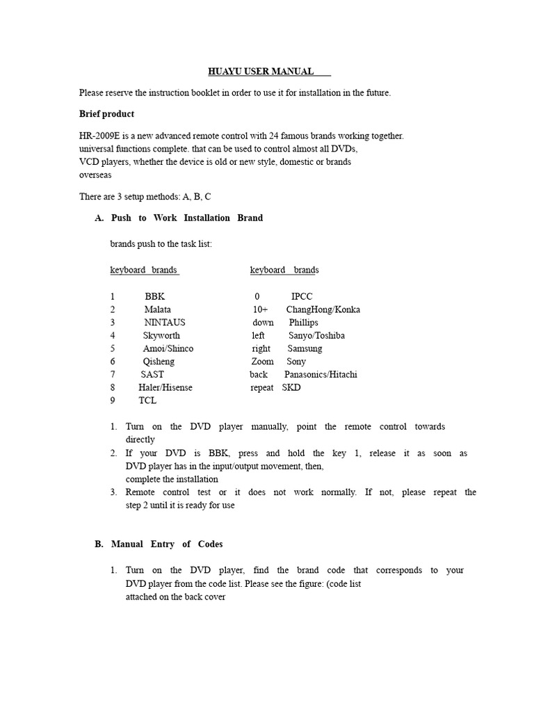 HR-2009E Remote Control Setup Guide | PDF | Dvd | Remote Control