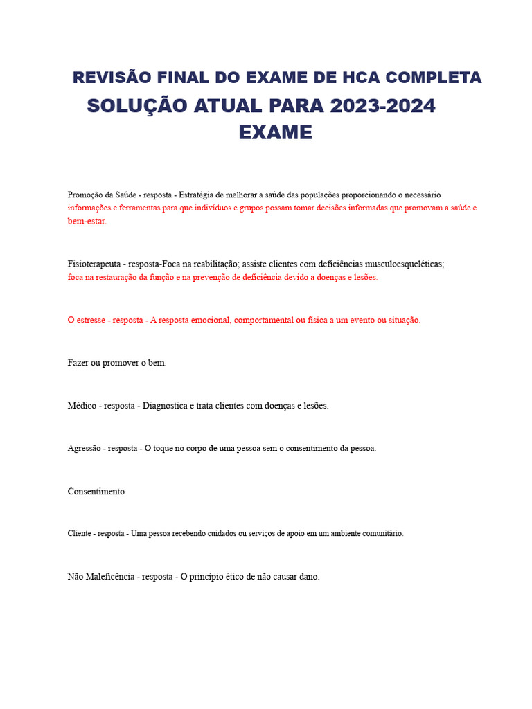 Revisão Do Exame Final de Hca Solução Completa e Atual para 2023 | PDF ...