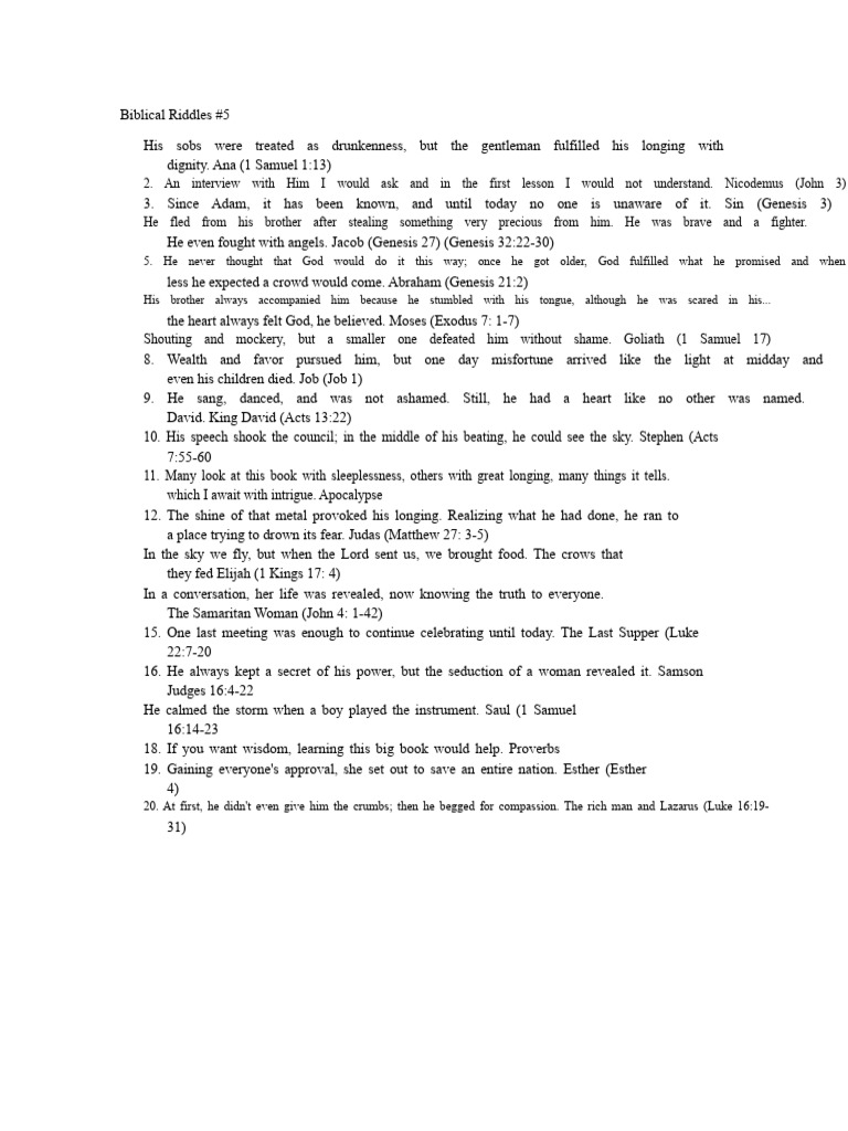 Biblical Riddles and Answers | PDF | Book Of Genesis | Books Of Samuel