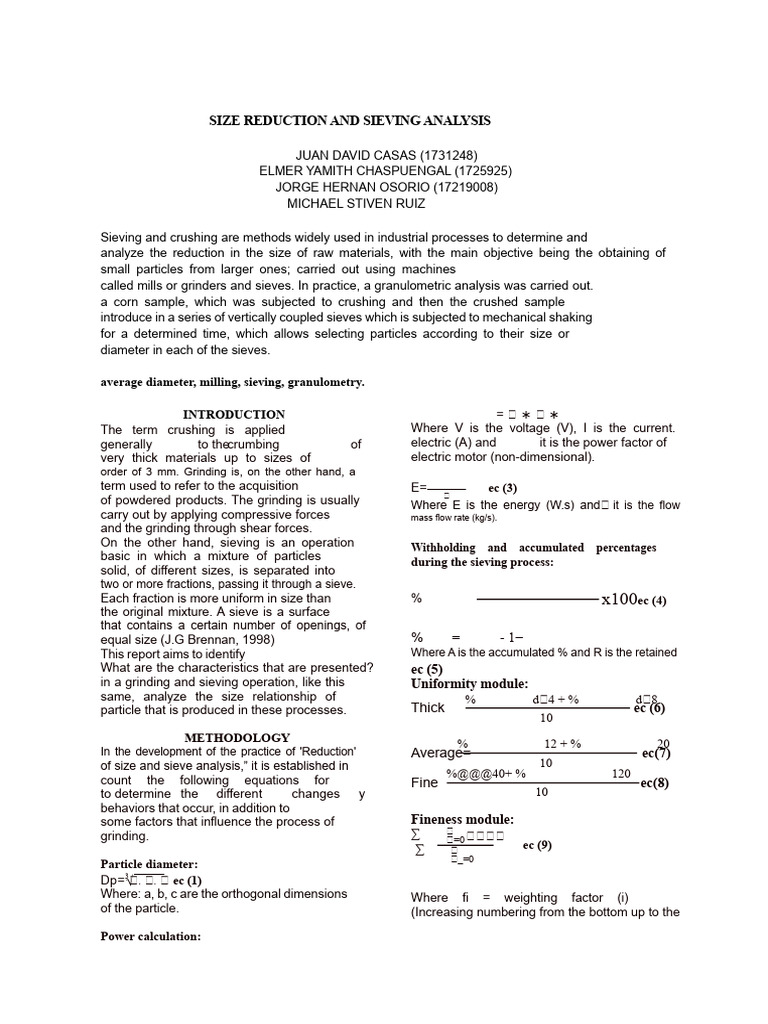 Size Reduction and Sieving Analysis | PDF | Mill (Grinding)