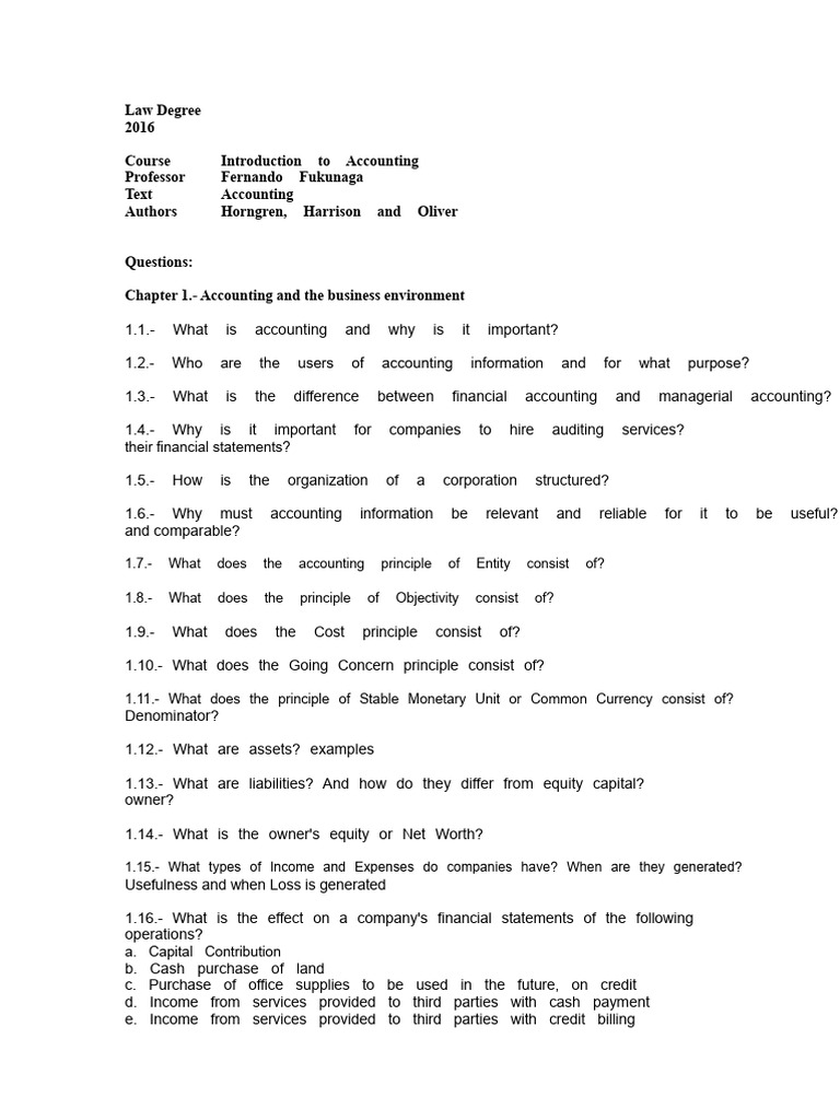 INTRODUCTION TO ACCOUNTING - Questions Chapters 1 and 2 | PDF | Debits ...