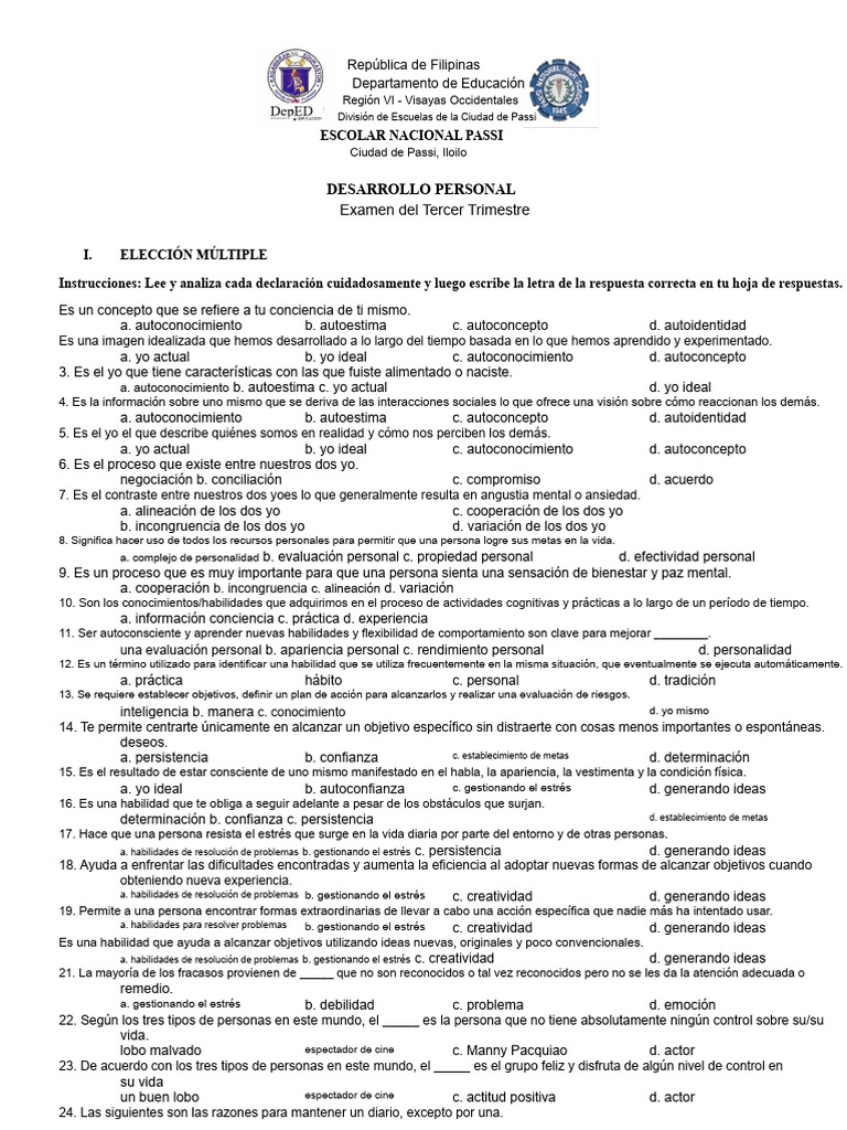 Examen Del Tercer Trimestre de Desarrollo Personal | PDF | Adolescencia ...