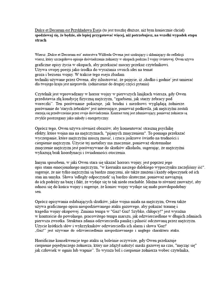 Dulce Et Decorum Est Przykładowy Esej 1 | PDF