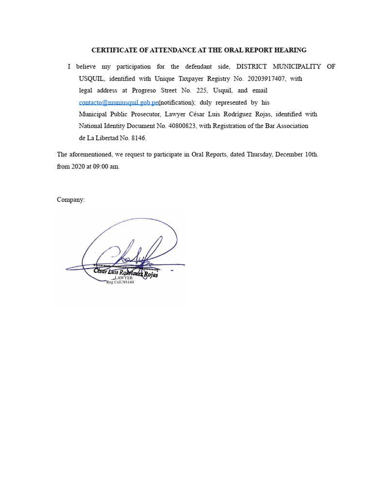 Certificate of Attendance at The Oral Report Hearing | PDF