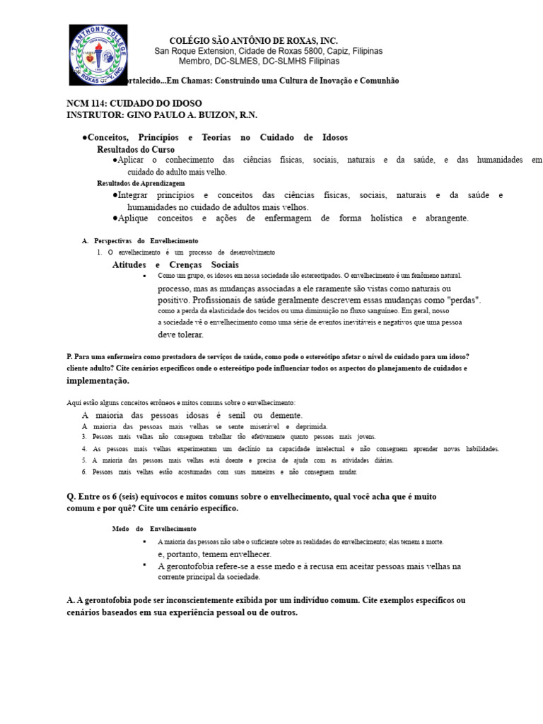 Cuidado Do Idoso BSN 3 CW#1 | PDF | Envelhecimento | Terceira idade
