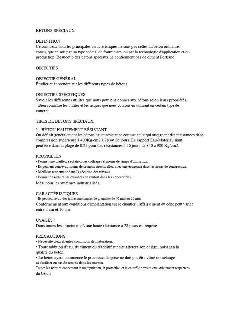 Types de Bétons Spéciaux et Usages | PDF | Béton | Ciment