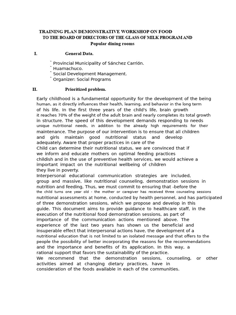 Training Plan Demonstrative Workshop of Food For The Boards of ...