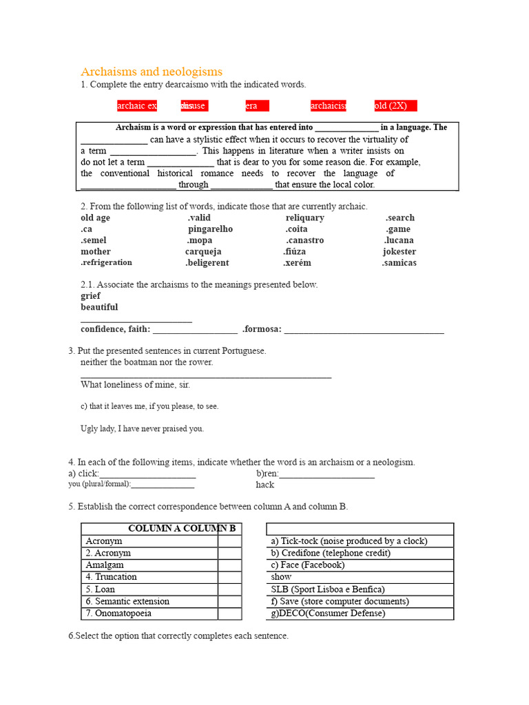 Archaisms and Neologisms - Exercises | PDF | Acronym | Semantics