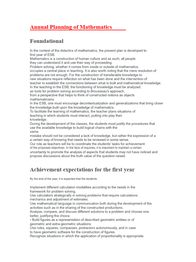 First Year Mathematics Annual Plan | PDF | Mathematics | Knowledge