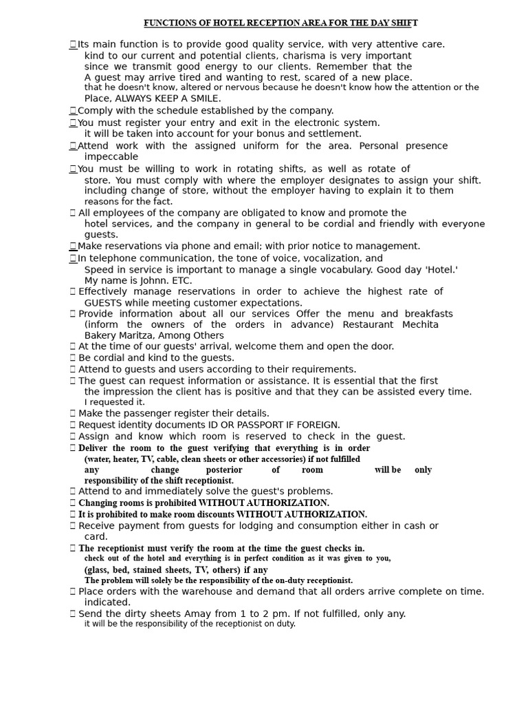 Hotel Reception Day Shift Duties | PDF | Identity Document