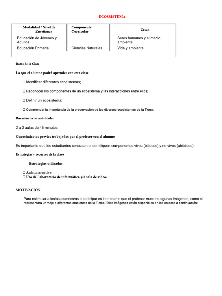 Plan de Clase Ecosistema | PDF | Ecosistema | Maestros