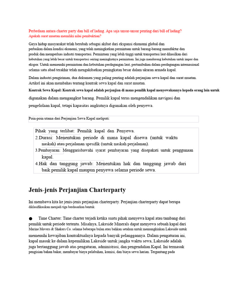 Perbedaan Charter Party dan Bill of Lading | PDF