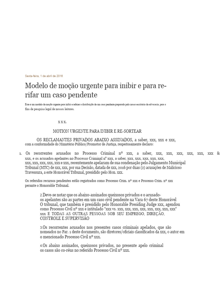 Moção Urgente para Inibir Caso Pendente | PDF | Juiz | Advogado
