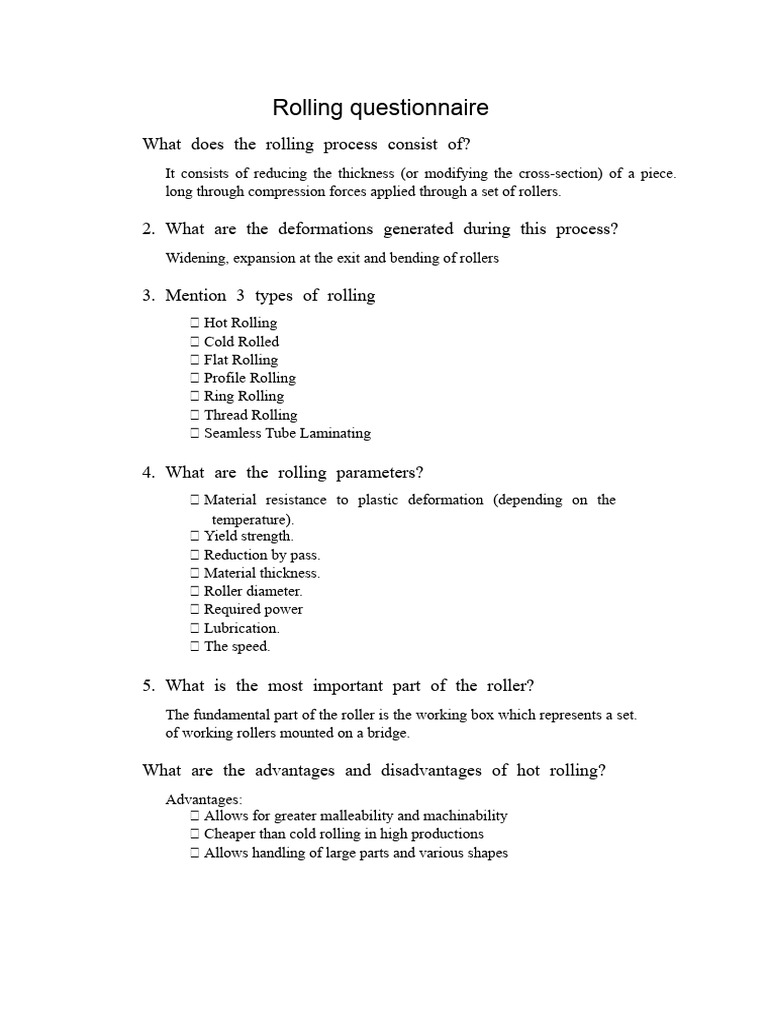 Rolling Questionnaire-2 | PDF | Rolling (Metalworking) | Ductility
