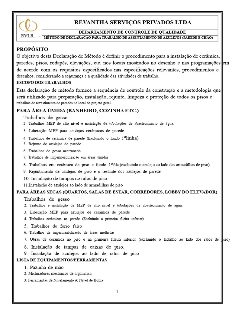 Método de Declaração para Trabalho de Assentamento de Azulejos-Qc-Rvl ...