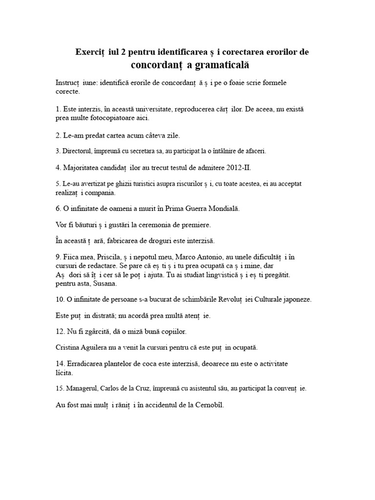 Exercițiul 2 Pentru A Identifica Și Corecta Erorile de Concordanță ...