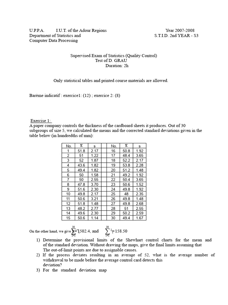 Exam 2007 - 2008 | PDF | Statistical Analysis | Teaching Mathematics