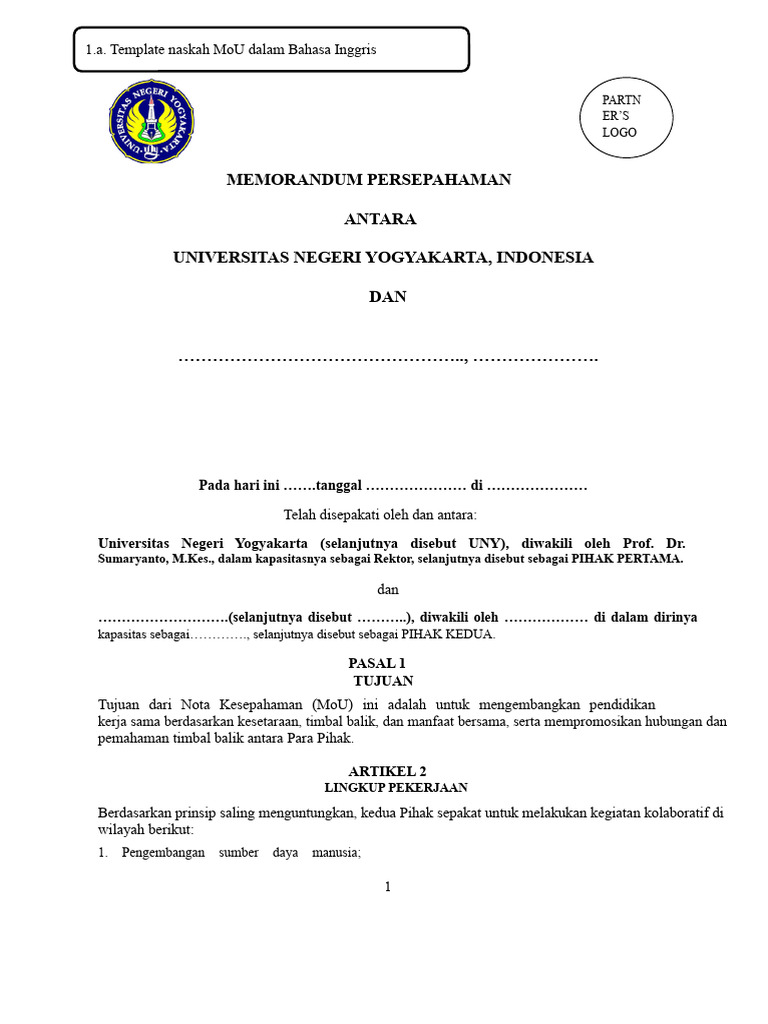 Template MoU Universitas Yogyakarta | PDF