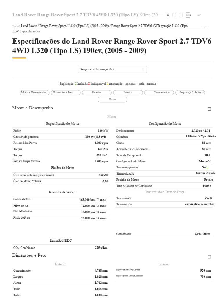 Especificações Do Land Rover Range Rover Sport 2.7 TDV6 4WD L320 (Tipo ...