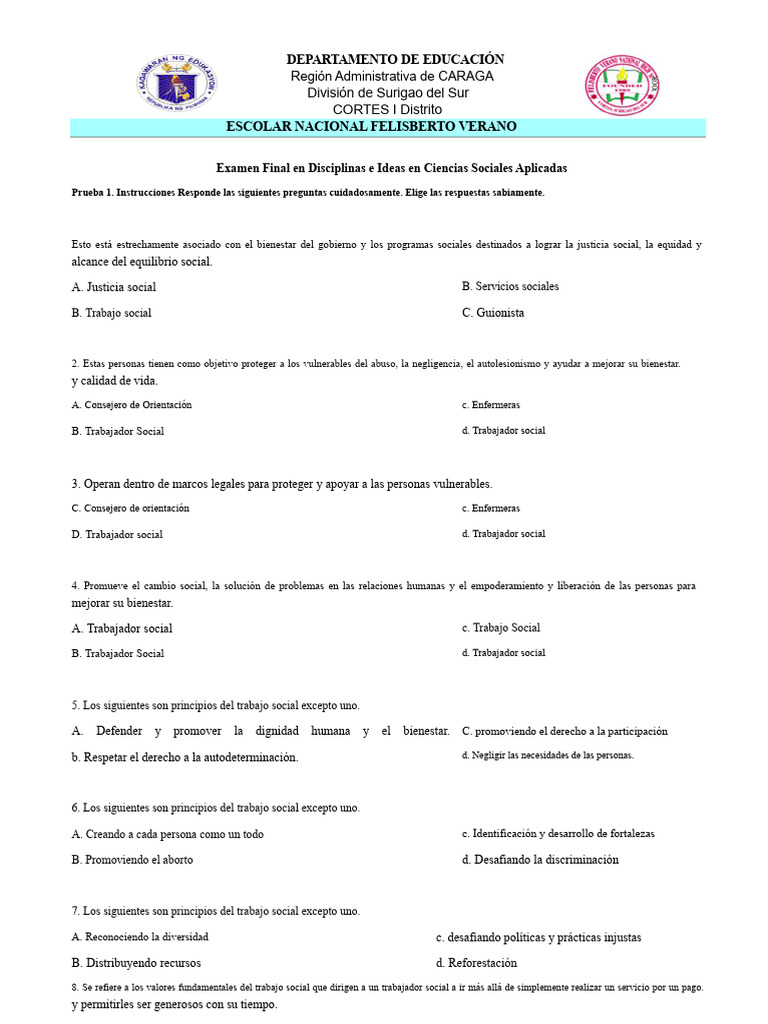 Examen Final en Ciencias Sociales Aplicadas | PDF | Trabajo Social ...