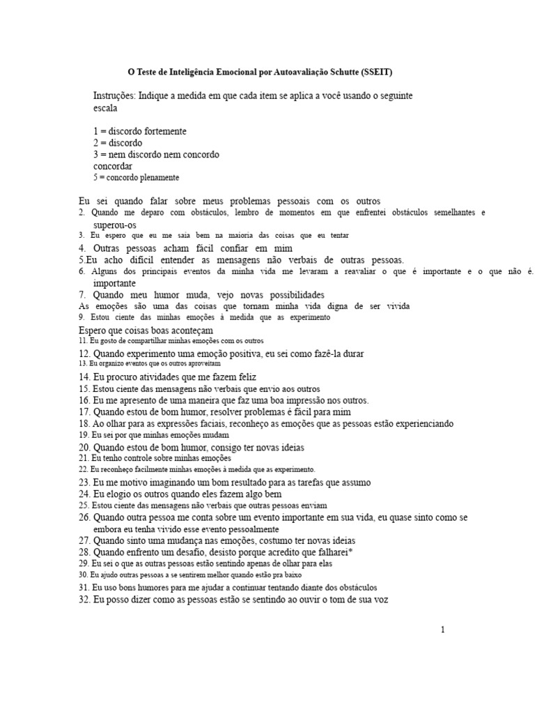 Teste de Inteligência Emocional SSEIT | PDF | Emoções | Inteligência ...
