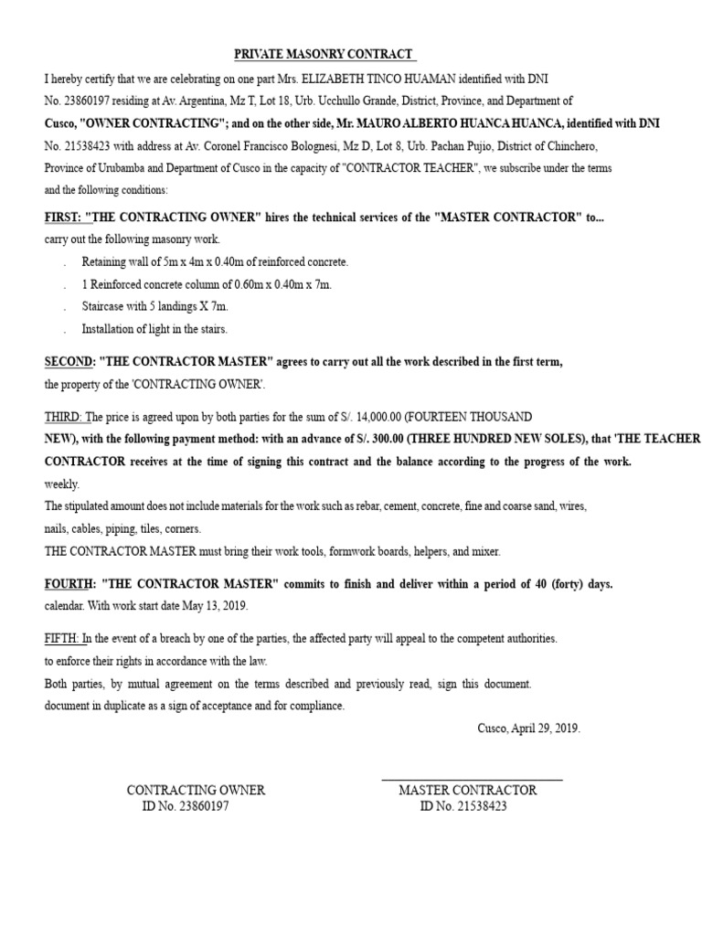 Private Masonry Contract Agreement | PDF | Concrete | Architectural ...