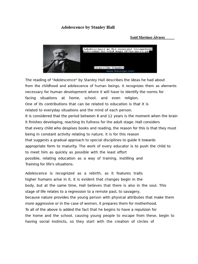 Stanley Hall's Theory of Adolescence | PDF | Adolescence | Psychology