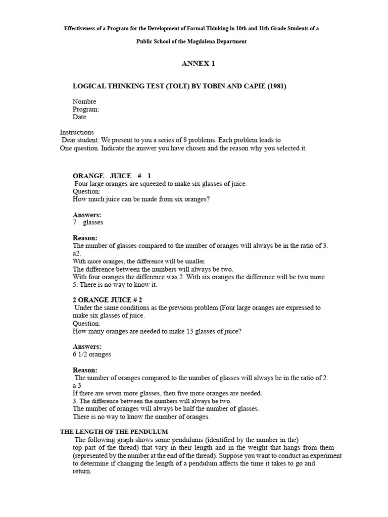 TOLT Test of Formal Logical Thinking | PDF