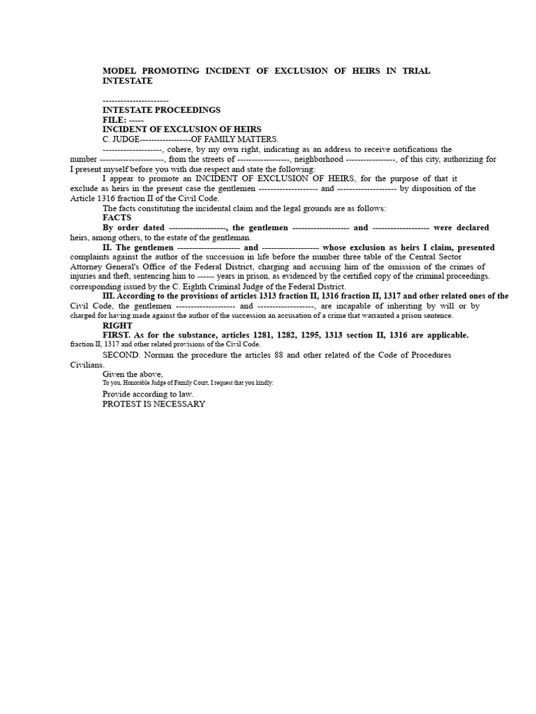 Model Promoting Incident of Exclusion of Heirs in Intestate Proceedings ...
