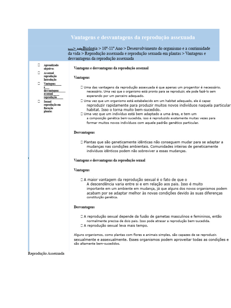 Vantagens da Reprodução Assexuada | PDF | Reprodução | Reprodução sexual