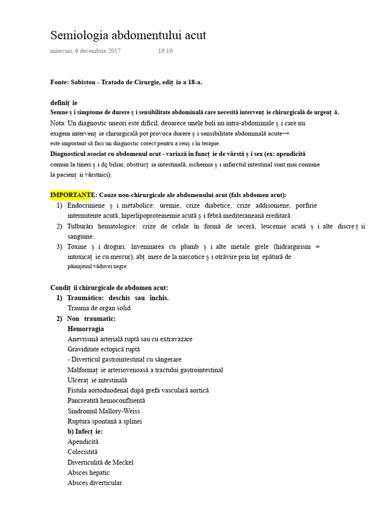 Semiologia Abdomenului Acut - Rezumat Sabiston | PDF