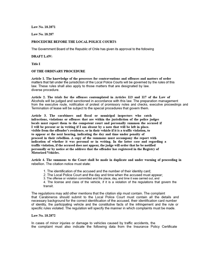 Chile Law 18.287: Local Police Court Procedures | PDF | Lawsuit | Fine ...