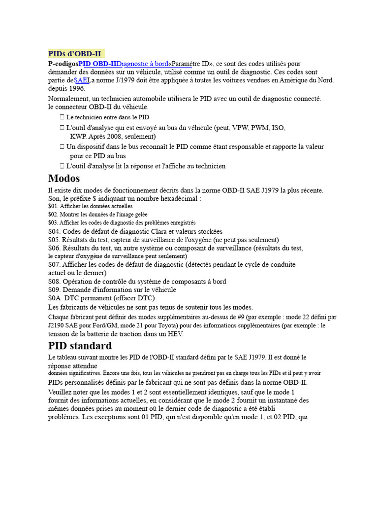 PIDs OBD-II : Codes et Fonctionnalités | PDF | Véhicules