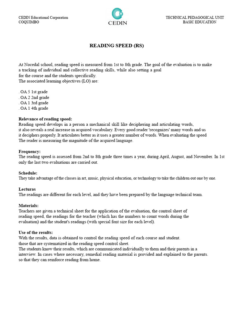 Reading Speed Project | PDF | Teachers | Learning