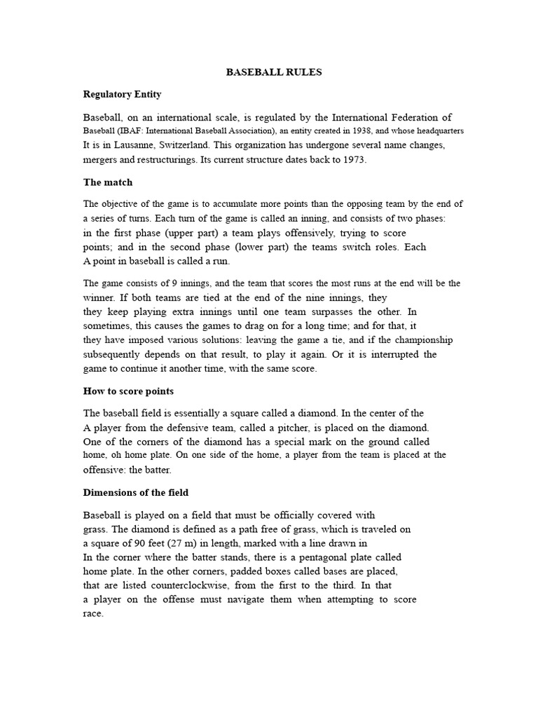 Essential Baseball Rules Explained | PDF | Baseball Field | Batting ...