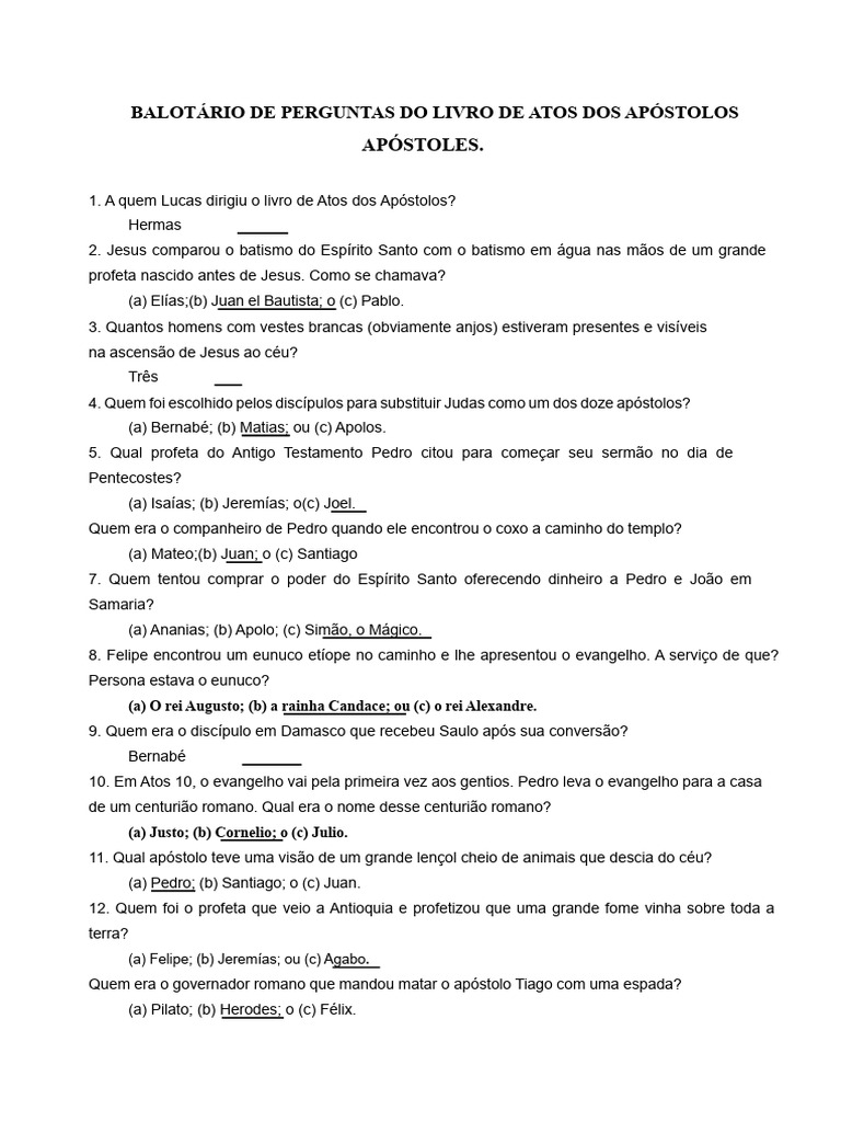 Perguntas sobre o Livro de Atos dos Apóstolos | PDF | Apóstolo Paulo ...