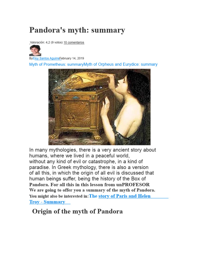 Summary of Pandora's Myth Explained | PDF | Prometheus | Zeus