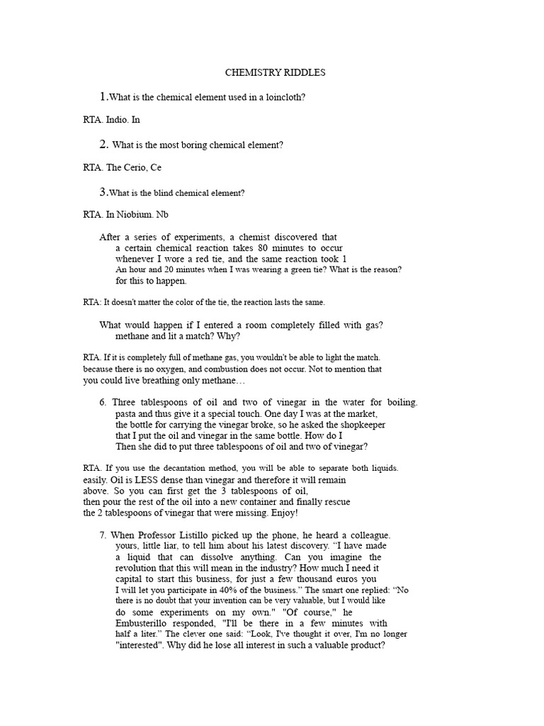 Fun Chemistry Riddles and Puzzles | PDF | Chemistry | Water