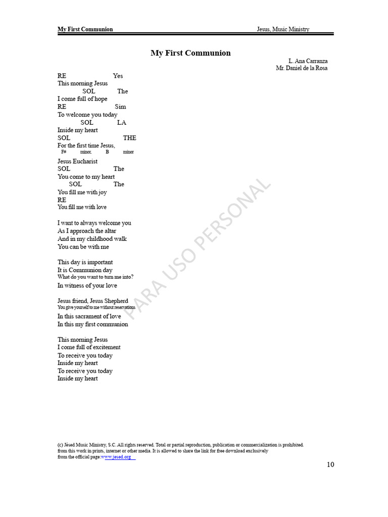 First Communion Day Song Lyrics | PDF