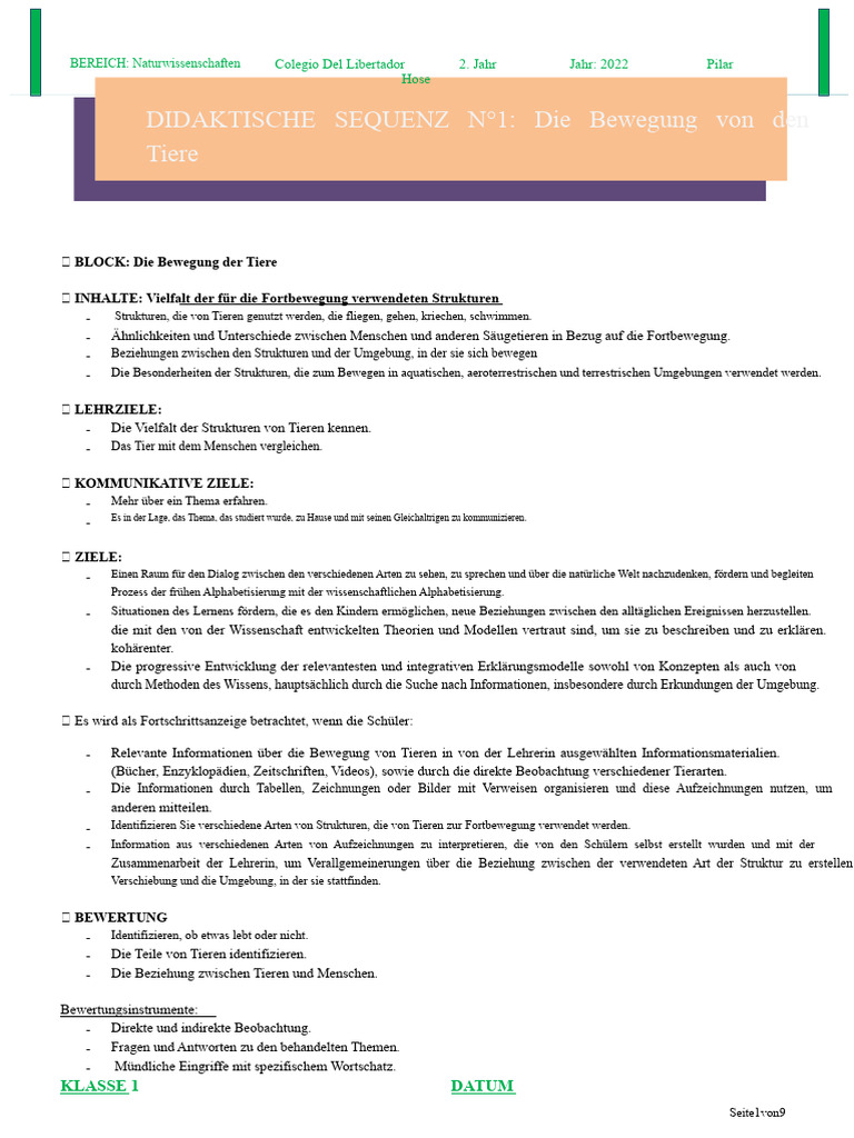 Didaktische Sequenz 1 - Tierbewegung | PDF