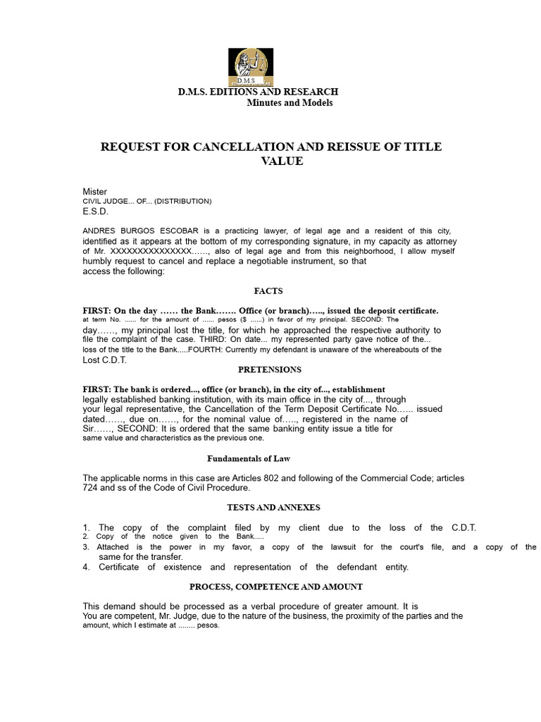 Request for Title Cancellation and Reissue | PDF | Complaint | Judiciaries