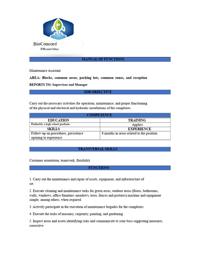 Maintenance Assistant Job Manual | PDF | Occupational Safety And Health ...