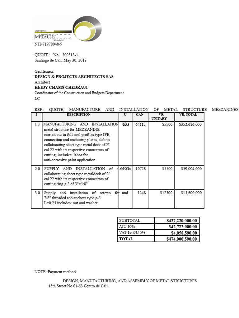 Quotation For The Manufacture and Installation of Mezzanine | PDF ...