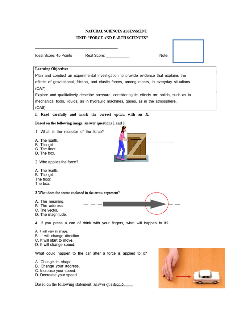 Evaluation 7° Force and Pressure | PDF | Force | Weight