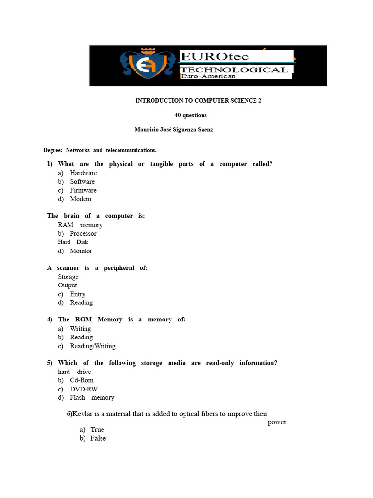 40 Questions On Introduction To Computer Science #2 | PDF | Computer ...