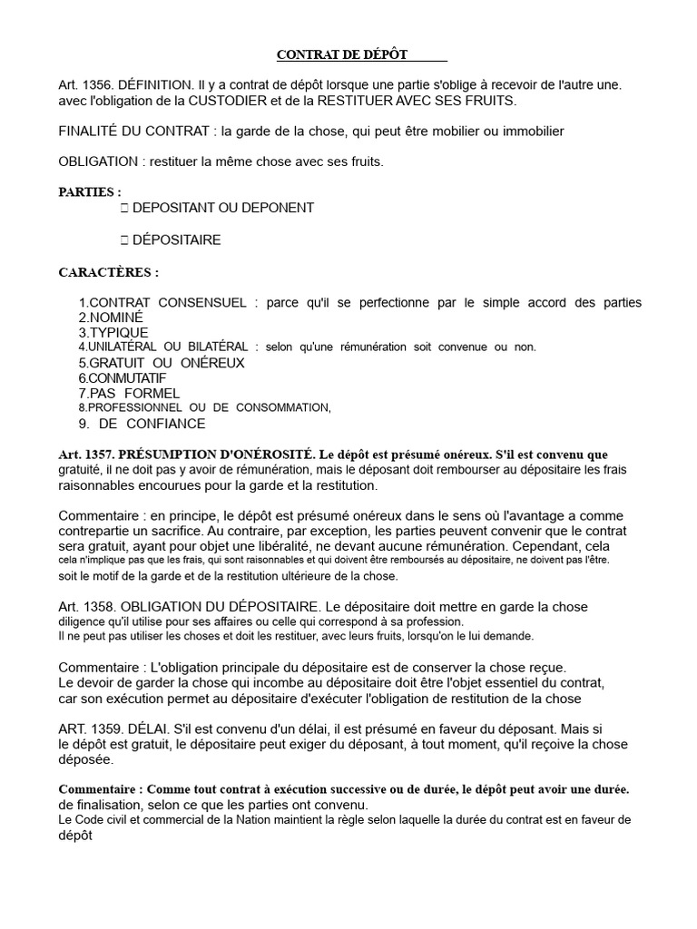 Contrat de Dépôt : Déposant et Dépositaire | PDF | Hôtel | Sodles