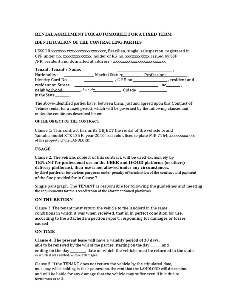 Fixed-Term Automobile Rental Agreement | PDF | Lease | Leasehold Estate