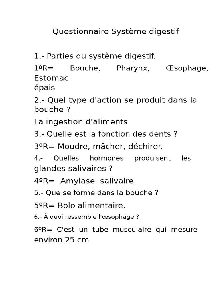 Questionnaire sur le système digestif | PDF | Appareil digestif humain ...